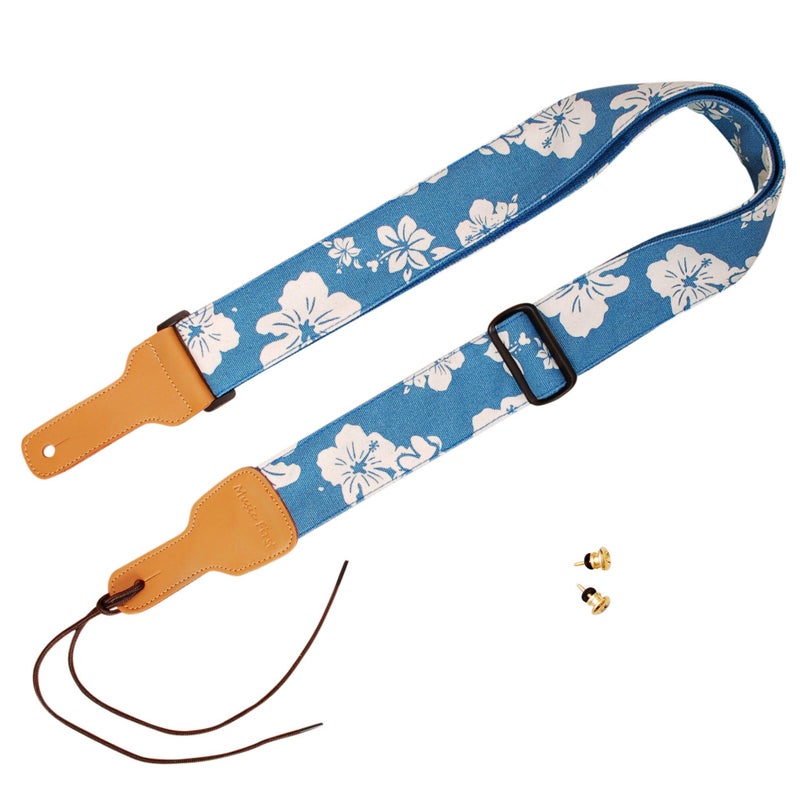 MUSIC FIRST Original Design, 2 inch width (5cm), Hawaiian Style â€œBlue and White Plumeriaâ€ Soft Canvas & Genuine Leather Delux HawaiinGuitar Strap Electric Guitar Straps, Salute ELVIS - Image 2